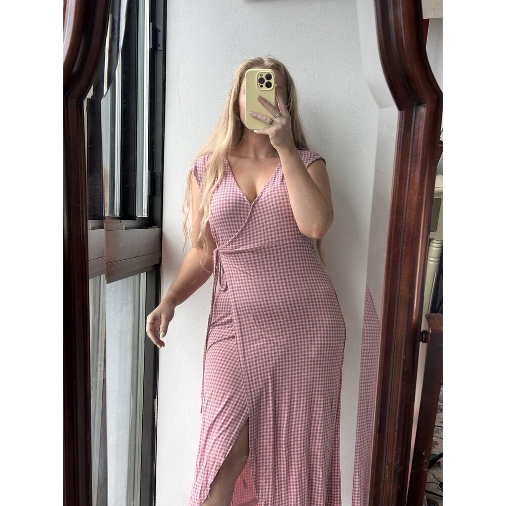 Urban Outfitters Pink & Beige Gingham Midi Women's Wrap Dress